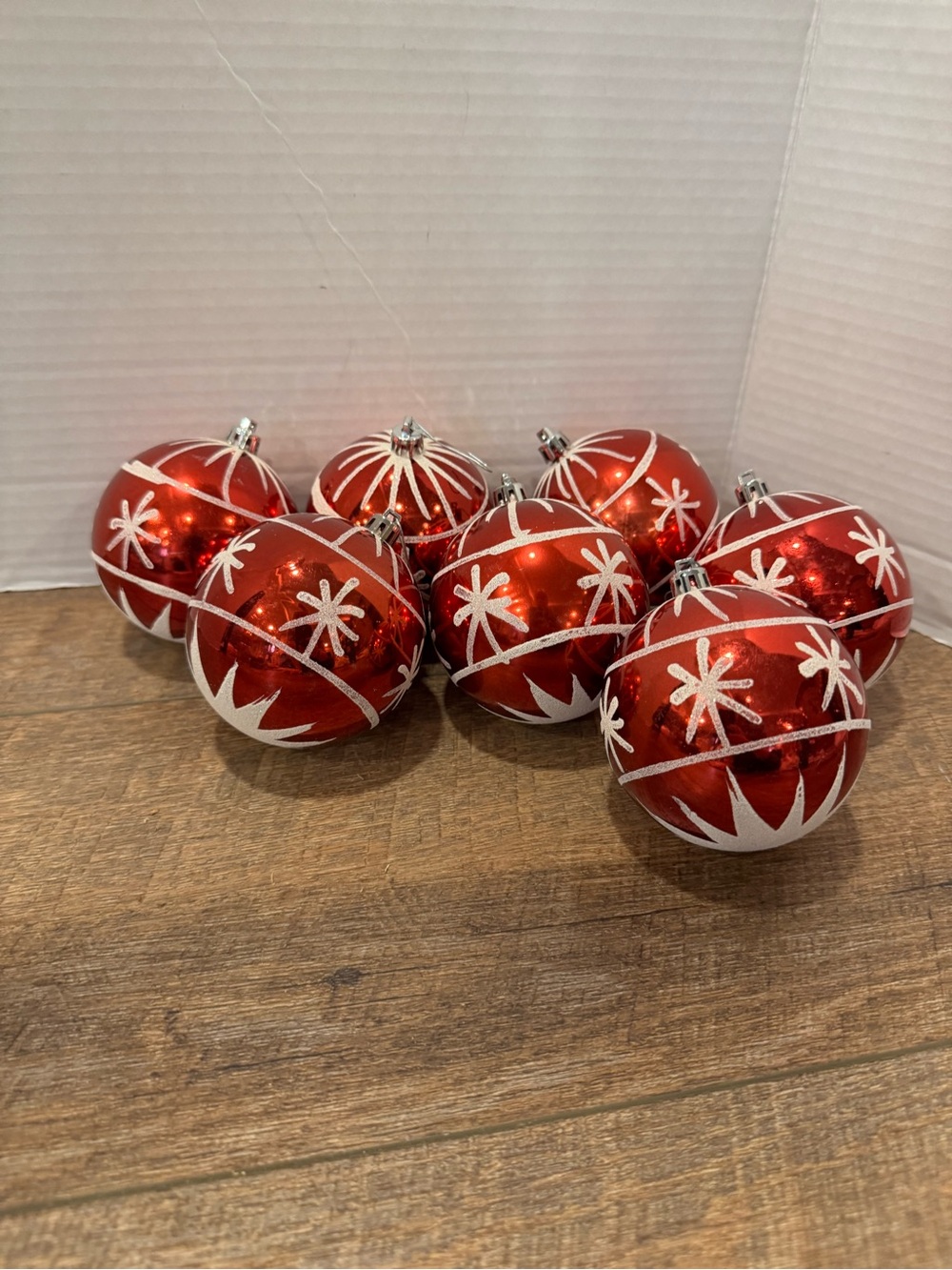 Red White Christmas Ball Ornaments Set of 7 Large 4” Glitter Snowflake Holiday